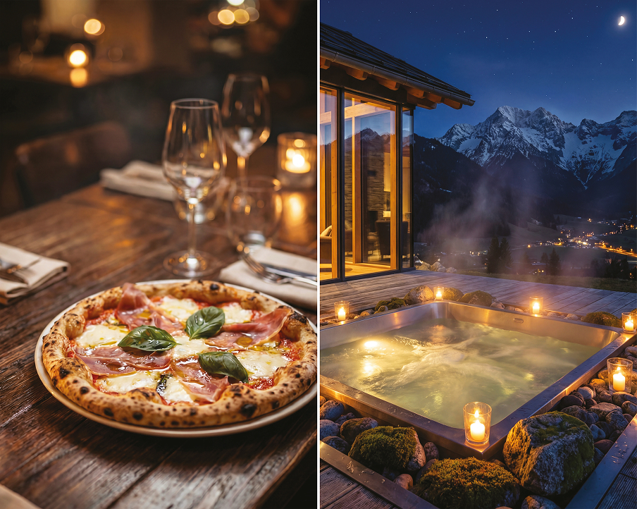 Pizza con prosciutto e mozzarella servita a lume di candela e jacuzzi esterna con vista sulle montagne: cena al ristorante La Grolla e il premio wellness di lusso della lotteria serale